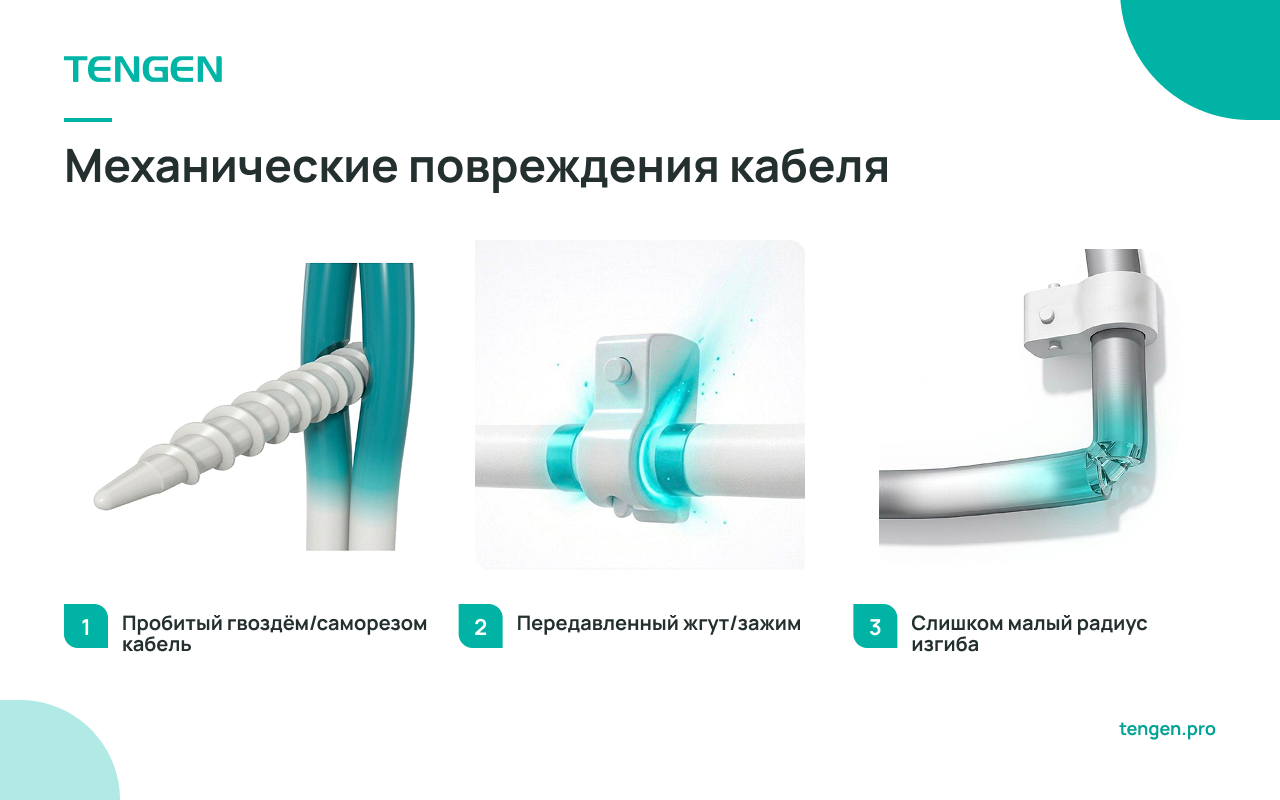 Повреждение кабеля гвоздём; передавленный зажим; нарушение радиуса изгиба — причины дугового пробоя